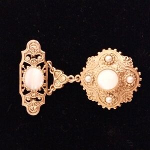 Vintage Filigree Two Part Dangling Gold Tone and Faux Pearl Brooch Glowy